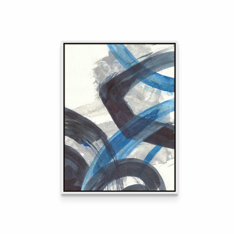 a blue and black painting on a white wall