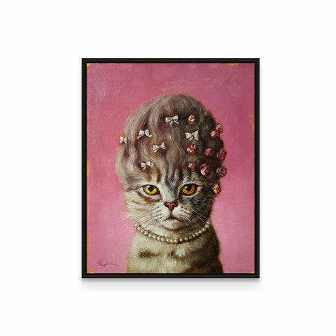 a painting of a cat with flowers in its hair