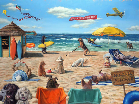 a painting of a beach scene with dogs and people