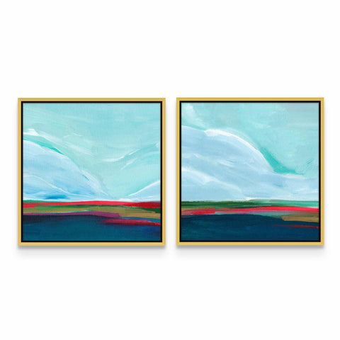two paintings of blue, green, and red on a white wall