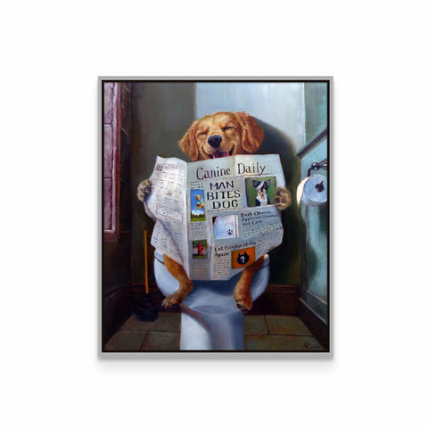 a painting of a dog sitting on a toilet reading a newspaper