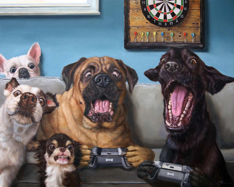 a painting of a group of dogs playing a video game