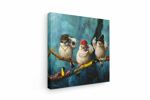 a painting of three birds perched on a branch