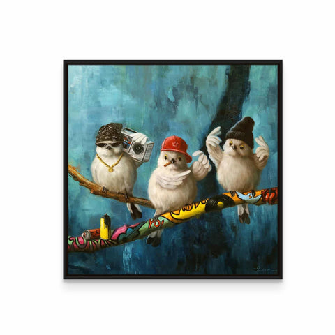 a painting of three birds perched on a branch