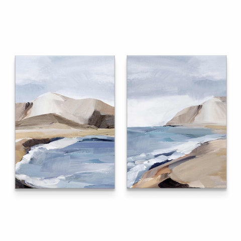 two paintings of a beach with mountains in the background