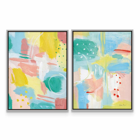 two paintings of different colors on a white wall