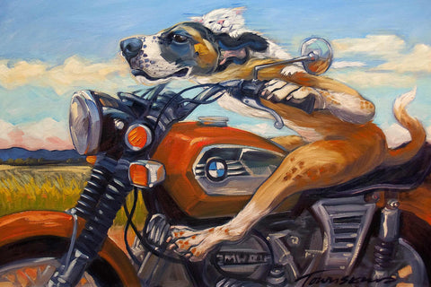 a painting of a dog riding a motorcycle