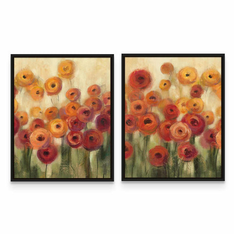 two paintings of red and yellow flowers on a white wall