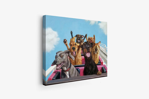 a painting of a group of dogs riding on a roller coaster