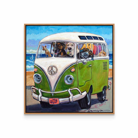 a painting of a vw bus with dogs in it