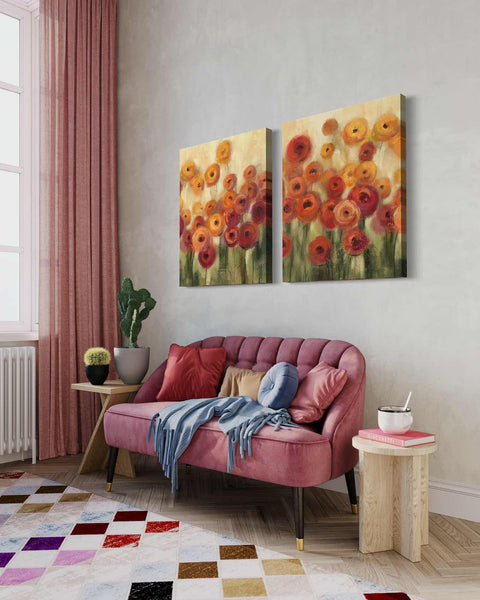 a living room with two paintings on the wall