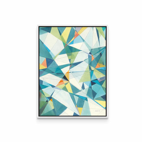 a painting of blue, yellow and green shapes