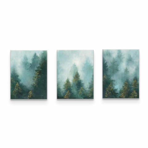three paintings of trees on a white wall