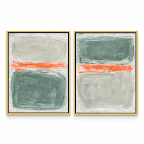 two framed paintings of green and orange on a white wall