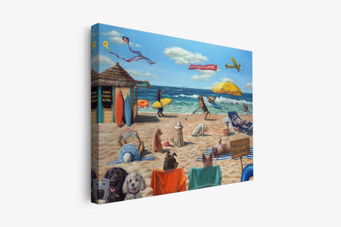 a painting of people on a beach with umbrellas