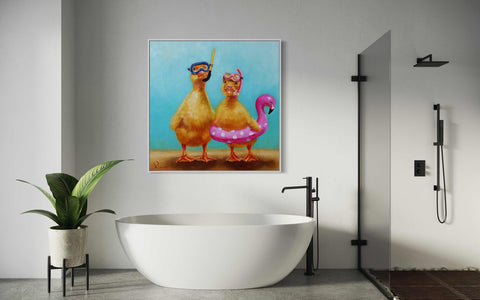 a bathroom with a large bathtub and a painting on the wall