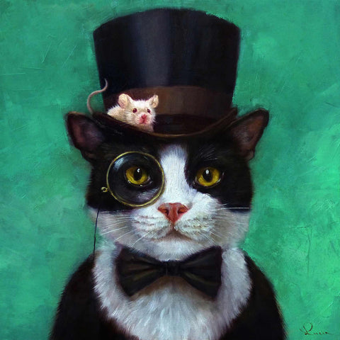 a black and white cat wearing a top hat and glasses