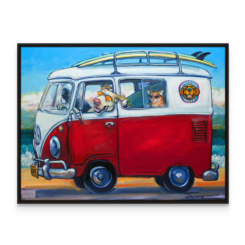 a painting of a van with a surfboard on top of it