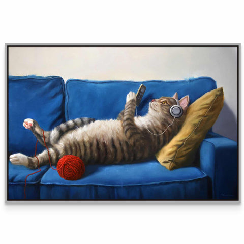 a painting of a cat laying on a couch with a ball of yarn