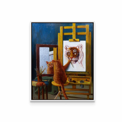 a painting of a tiger and a cat on a easel