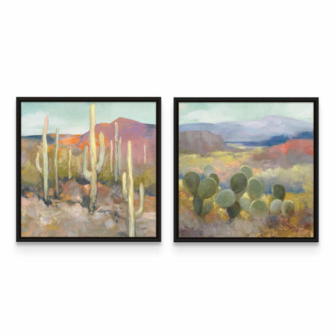 a painting of a desert with cactus trees