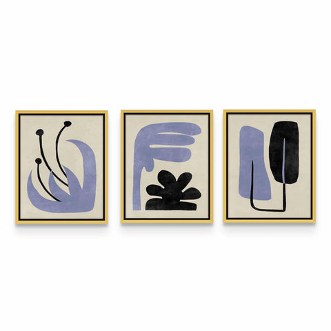 three abstract paintings on a white wall