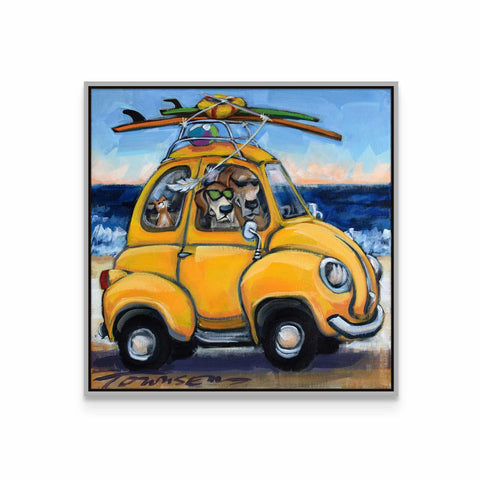 a painting of a yellow car with dogs in it