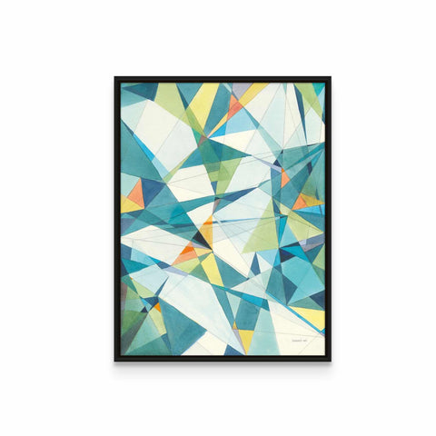 an abstract painting with blue, yellow and green colors