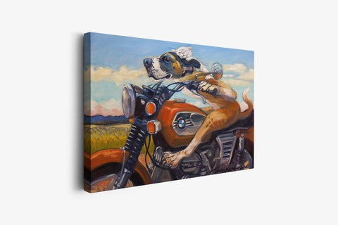 a painting of a dog riding a motorcycle