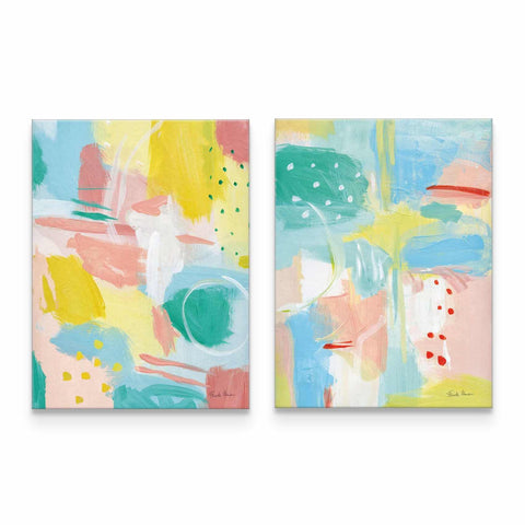 two paintings of different colors on a white background