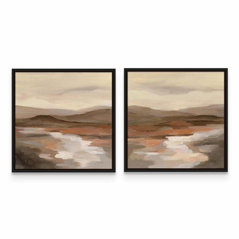 two framed paintings of a desert landscape