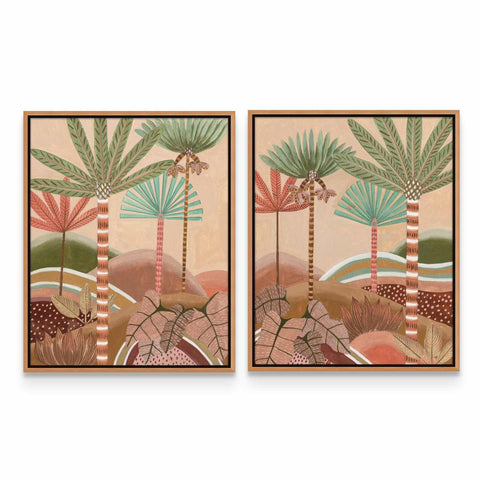 two paintings of palm trees on a wall