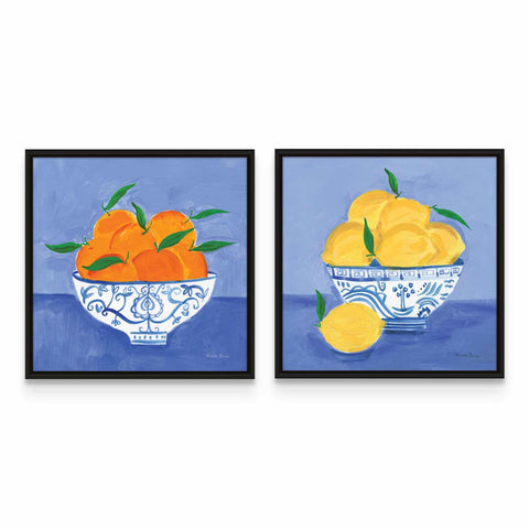 two paintings of oranges in a bowl on a blue background