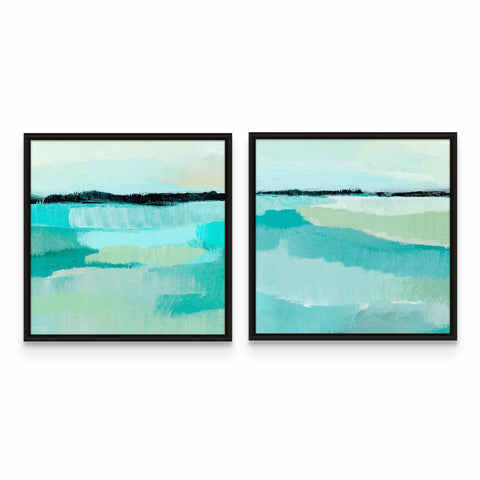 two paintings of blue and green water on a white wall