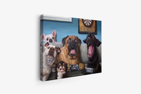 a painting of a group of dogs with their mouths open