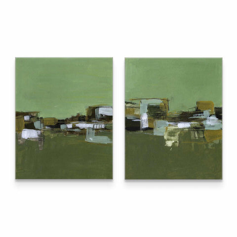 two paintings of green and brown on a white wall