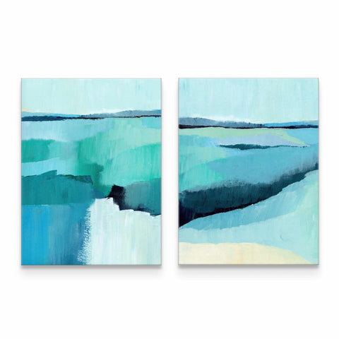 two paintings of blue and green water