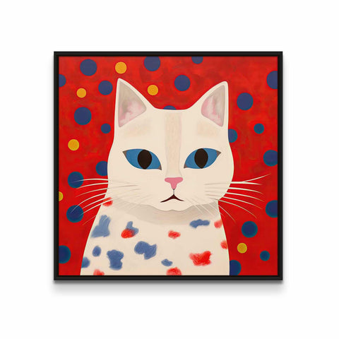 White Cat with Blue and Yellow Dots