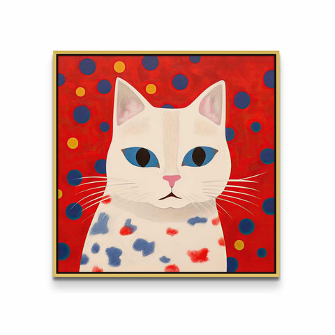 White Cat with Blue and Yellow Dots