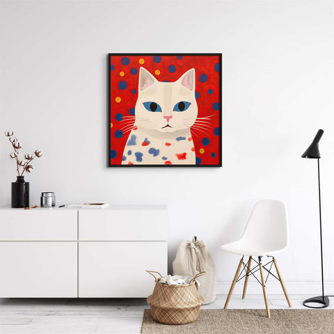 White Cat with Blue and Yellow Dots