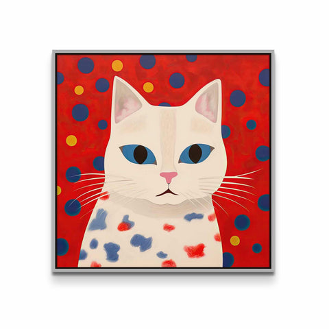 White Cat with Blue and Yellow Dots