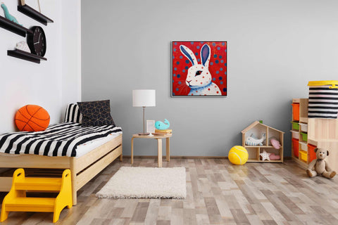 White Rabbit with Blue and Red Dots