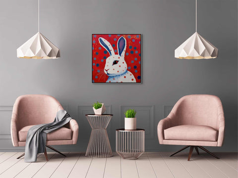 White Rabbit with Blue and Red Dots