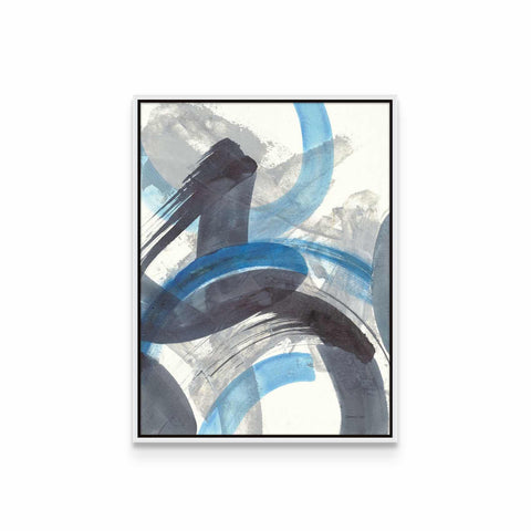 an abstract painting with blue and black circles