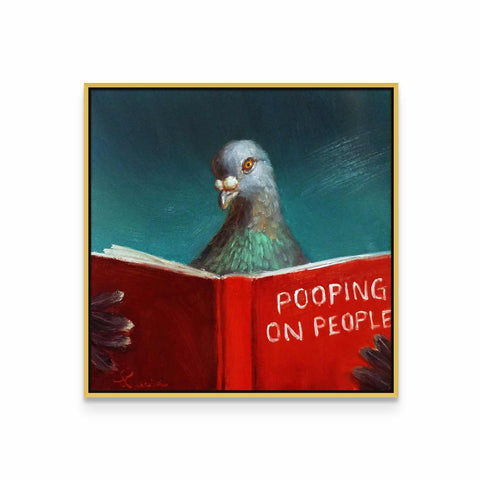 a painting of a pigeon reading a book