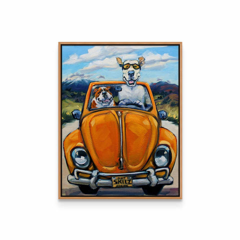 a painting of a dog sitting in the back of a car