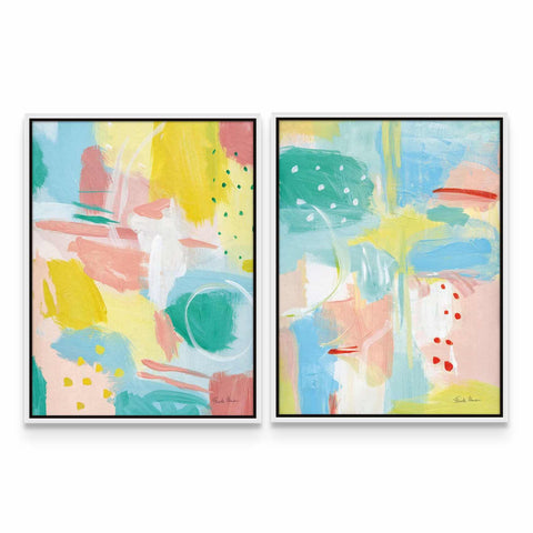 two paintings of different colors on a white wall