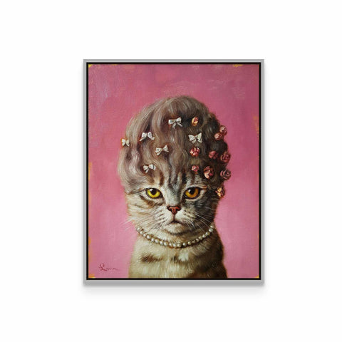 a painting of a cat with flowers in its hair