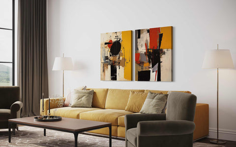 a living room filled with furniture and a painting on the wall