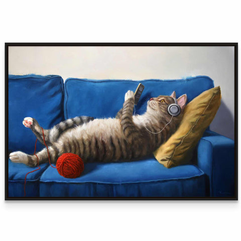 a painting of a cat laying on a couch with a ball of yarn
